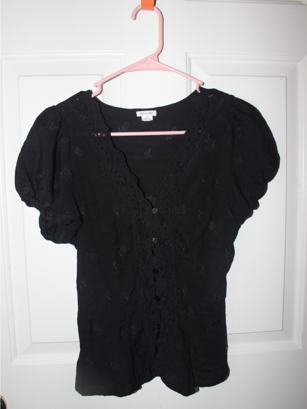 Black Embroidered Puff-Sleeve Button Front Top